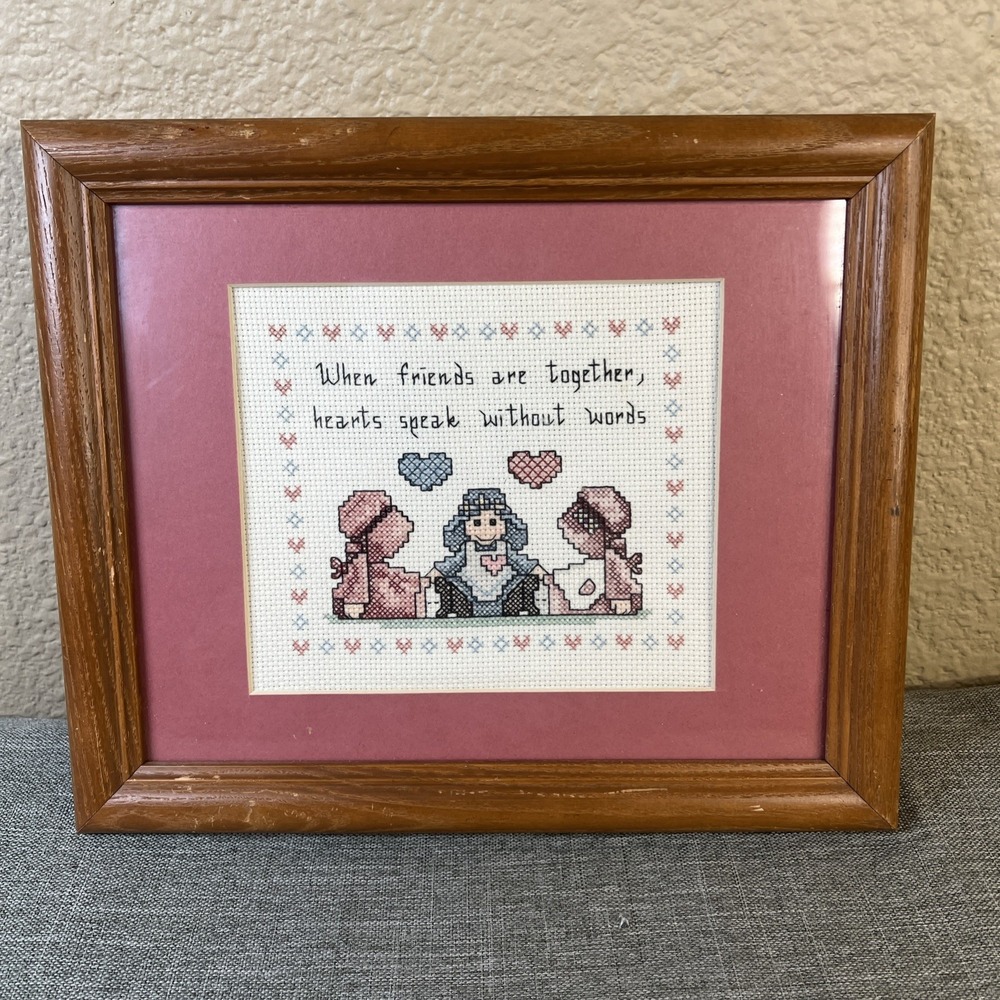 Handmade Cross Stitch Framed Finished Friends Quote GrandmaCore 80's Decor VTG